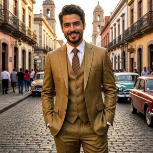 New 2026 Mens 3pc Sharkskin Oatmeal Suit Set, Hybrid Fit (H1)